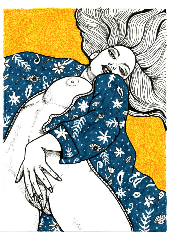 Illustrierte nackte Frau, nur mit einem Mantel halb bekleidet, die Finger an ihrer Vulva zu sehen. Farbe des Mantels ist blau und der Hintergrund ist gelb