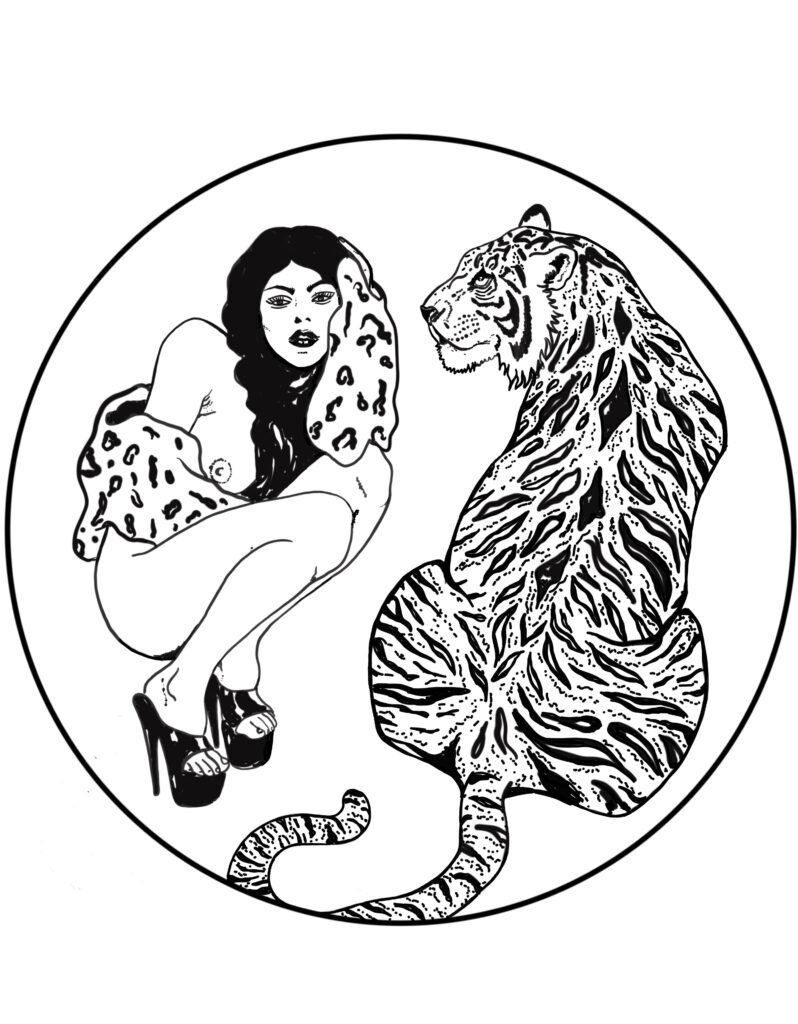 Kreisförmiges Bild, Frau mit dunklem Haar, hohe Schuhe und Pelzmantel hocken vor dem Tiger. Der Tiger mit dem Rücken zum Betrachter. Bild ist schwarz weiß