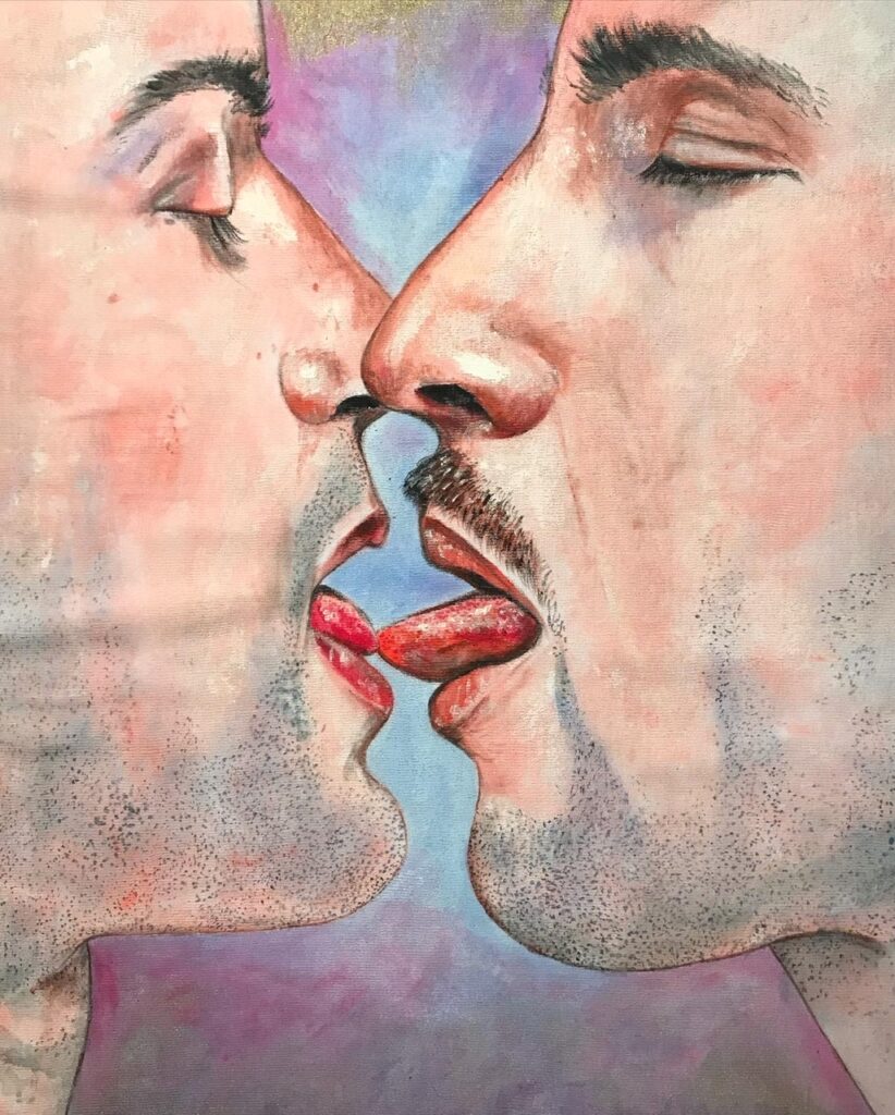 Ein großes Patch auf dem zwei küssende Männer abgebildet sind. Die mit Acrylfarbe gemalt wurden. Das Bild ist sehr farbenreich